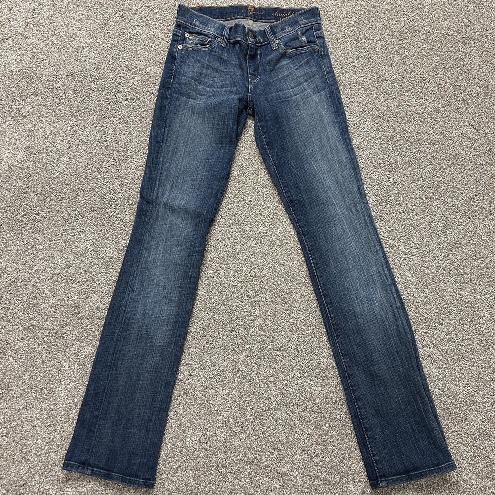 7 For All Mankind Straight Leg Jeans Womens 25 Blue Distressed Stretch Denim